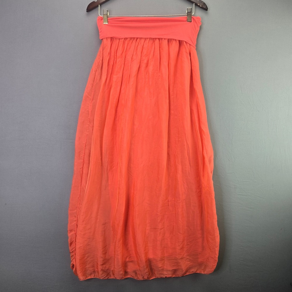Made In Italy Silk Maxi Skirt Coral Orange Boho Lagenlook One Size Flowy Summer